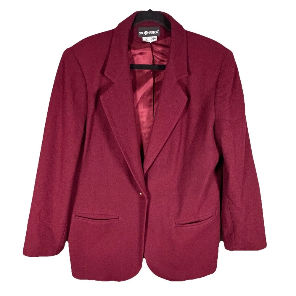 Sag Harbor Womens Burgundy Wool Blazer Sz 14 Single Button Classic Dark Academia